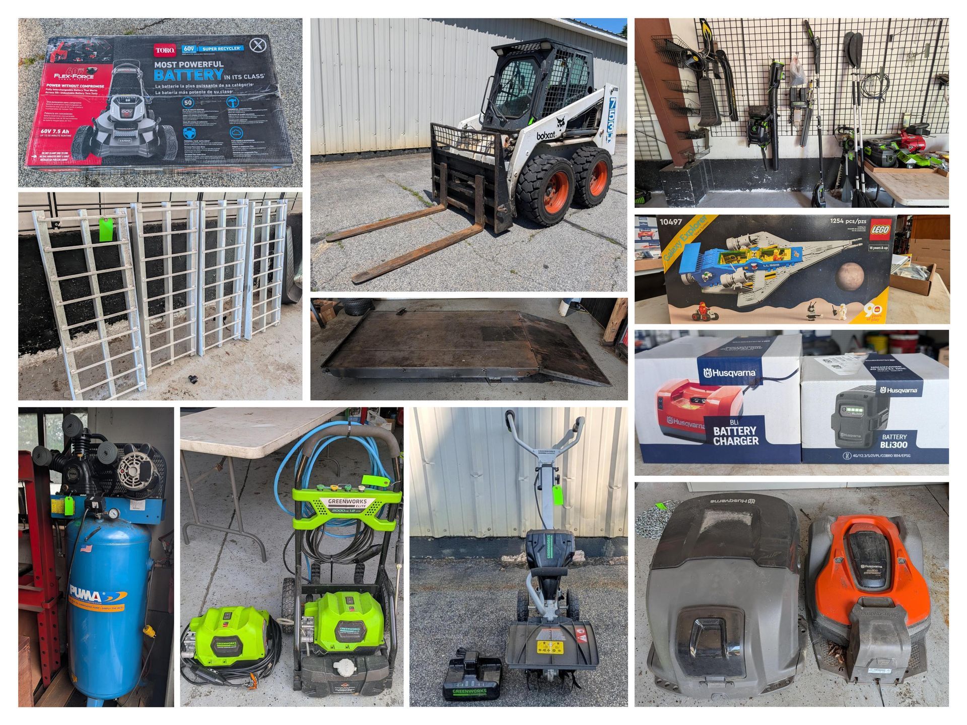Collage of industrial machines, equipment, and shelving in a workshop or storage space