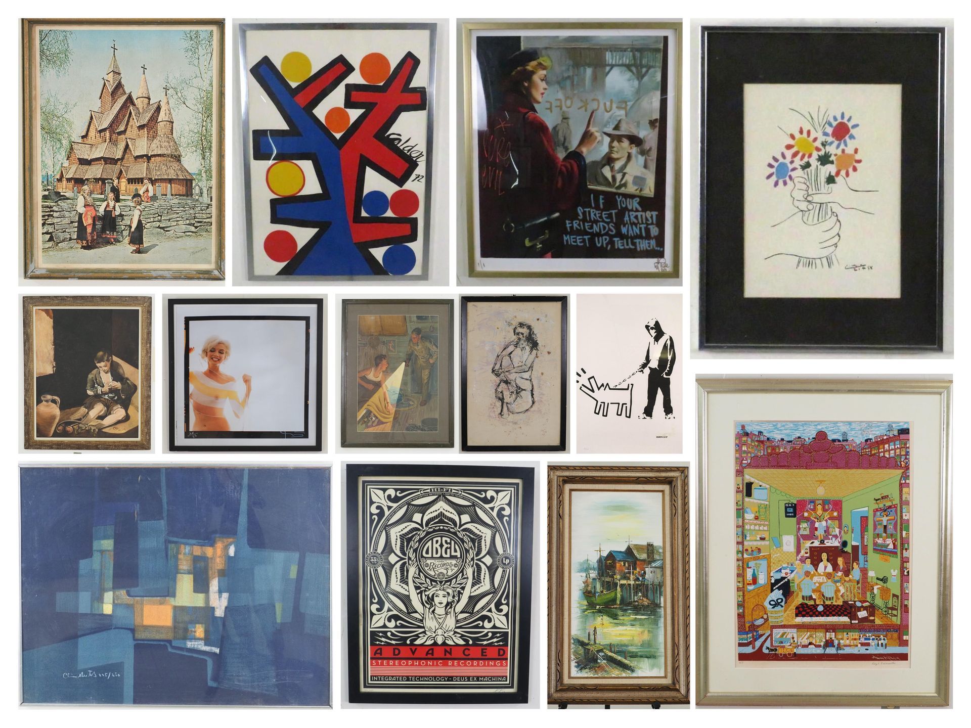 Collection of framed art, including abstract designs, landscapes, and a Banksy stencil.