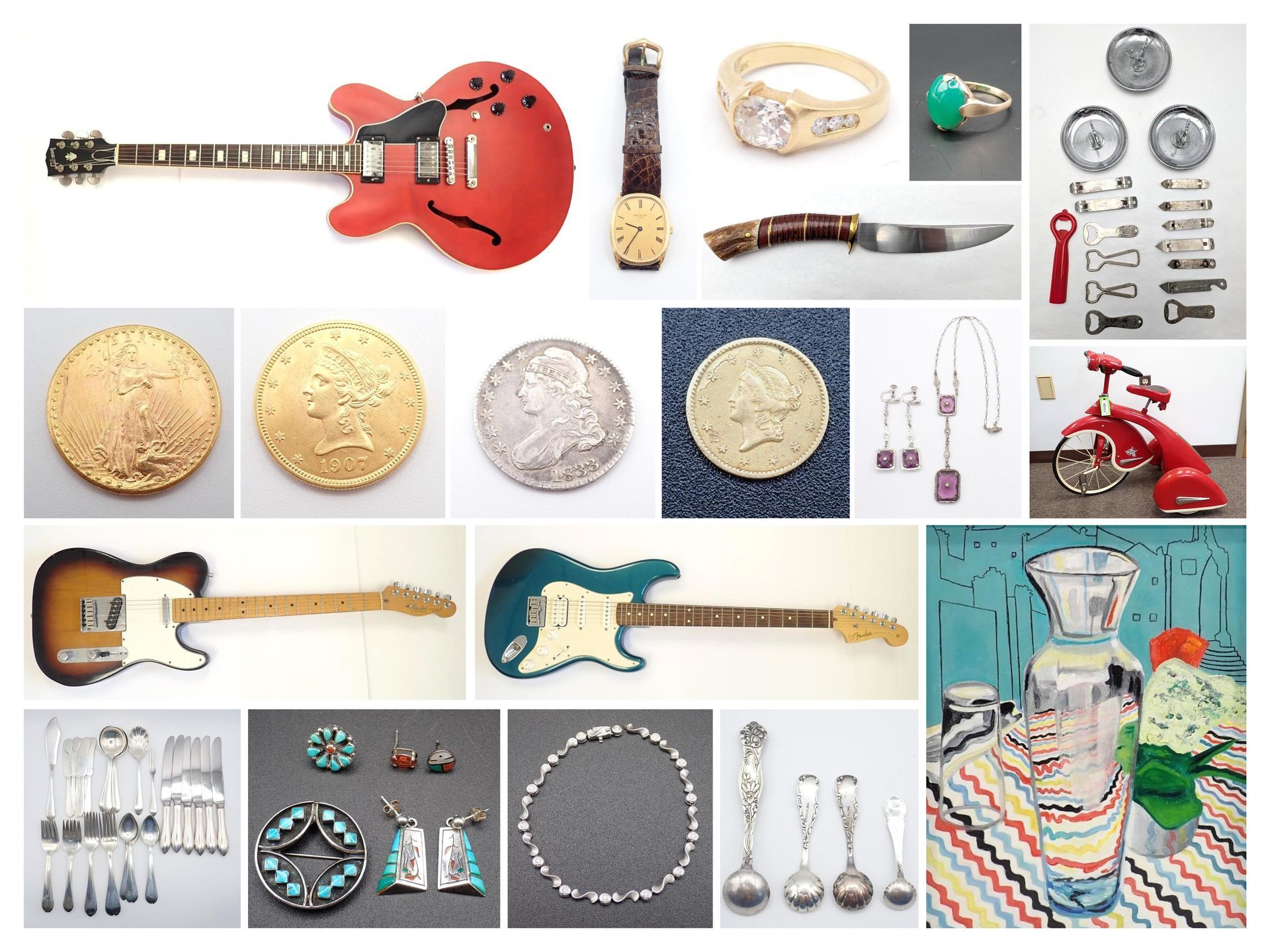 Collage of guitars, coins, jewelry, watches, and colorful artwork on a white background