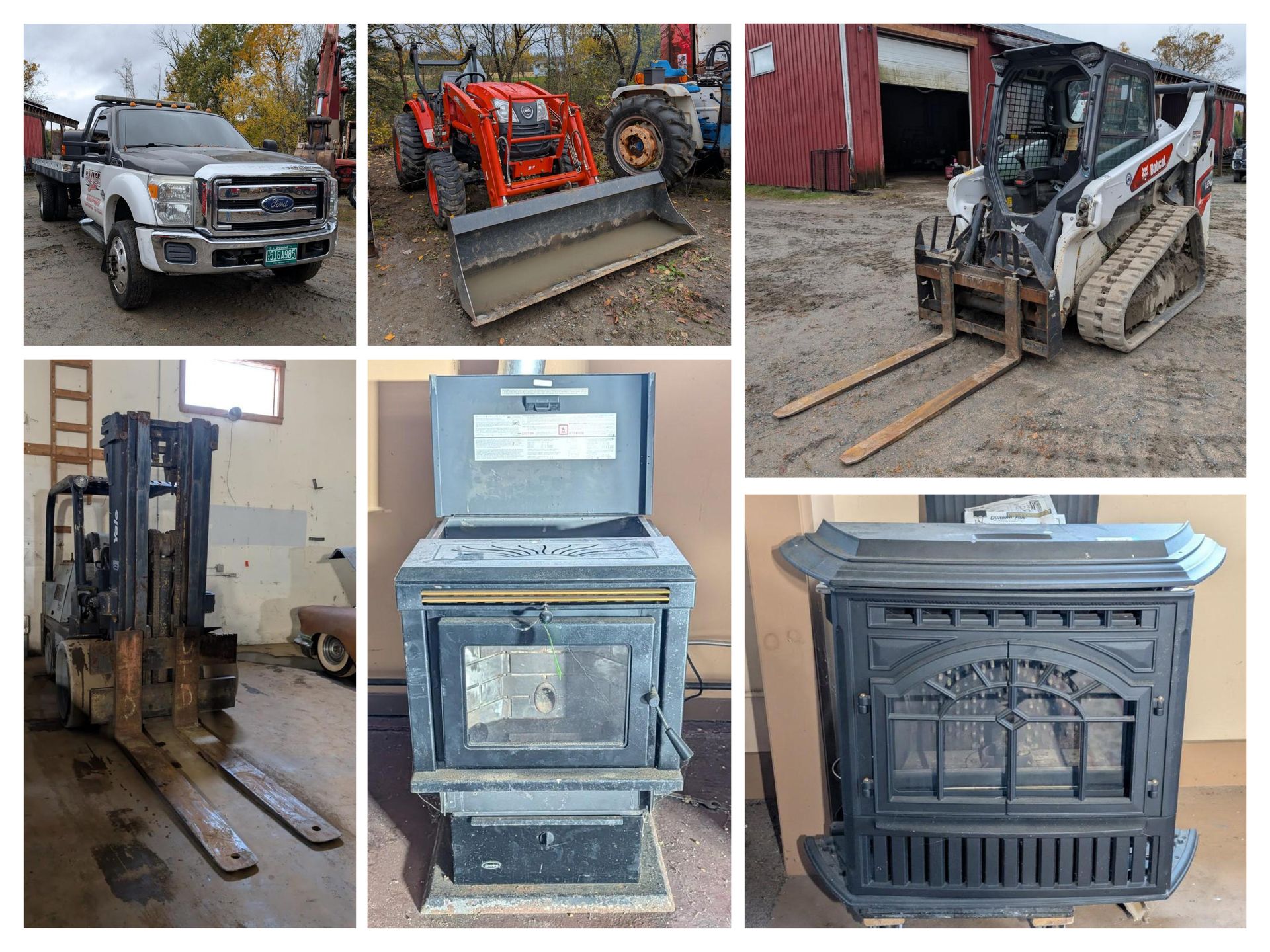 Collage of industrial machines, equipment, and shelving in a workshop or storage space