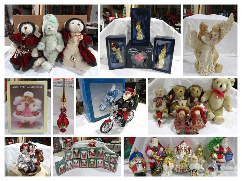 Christmas decorations, including teddy bears, angels, Santa figurines, ornaments, and a motorcycle Santa.