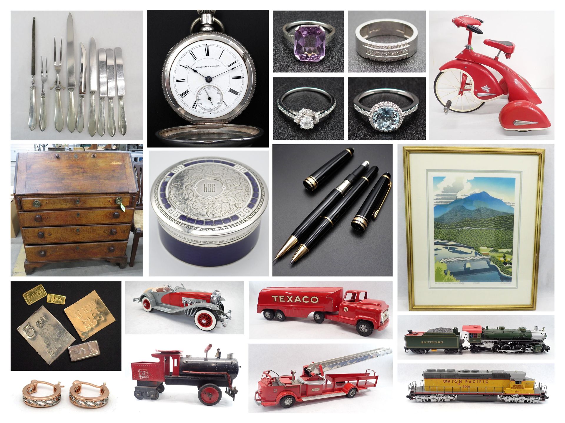 Collection of antiques including silverware, watches, jewelry, toys, desk, pens, and framed art.