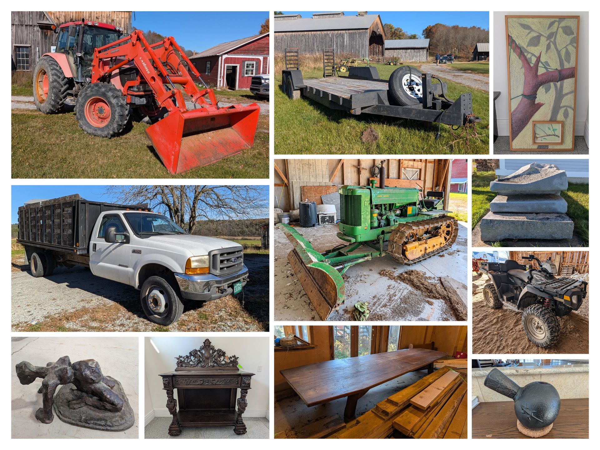 Collage of industrial machines, equipment, and shelving in a workshop or storage space