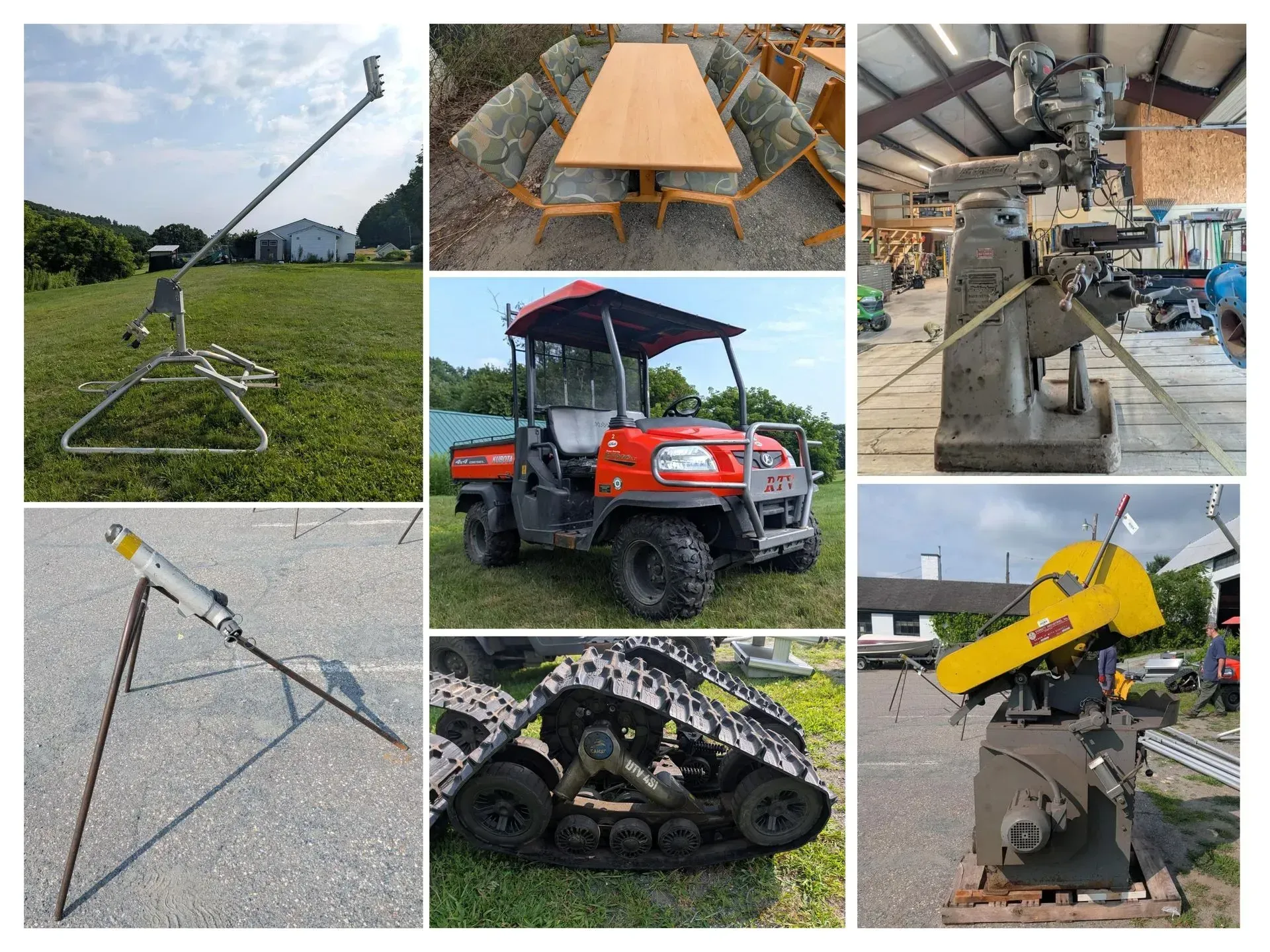 Collage of a red lawn tractor, kayak, doors, motorcycle, bicycles