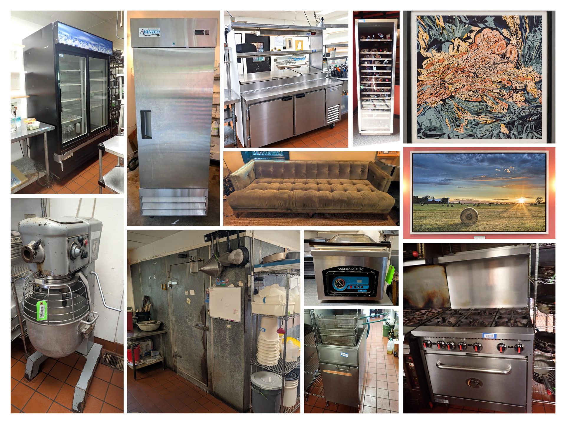 Collage of industrial machines, equipment, and shelving in a workshop or storage space