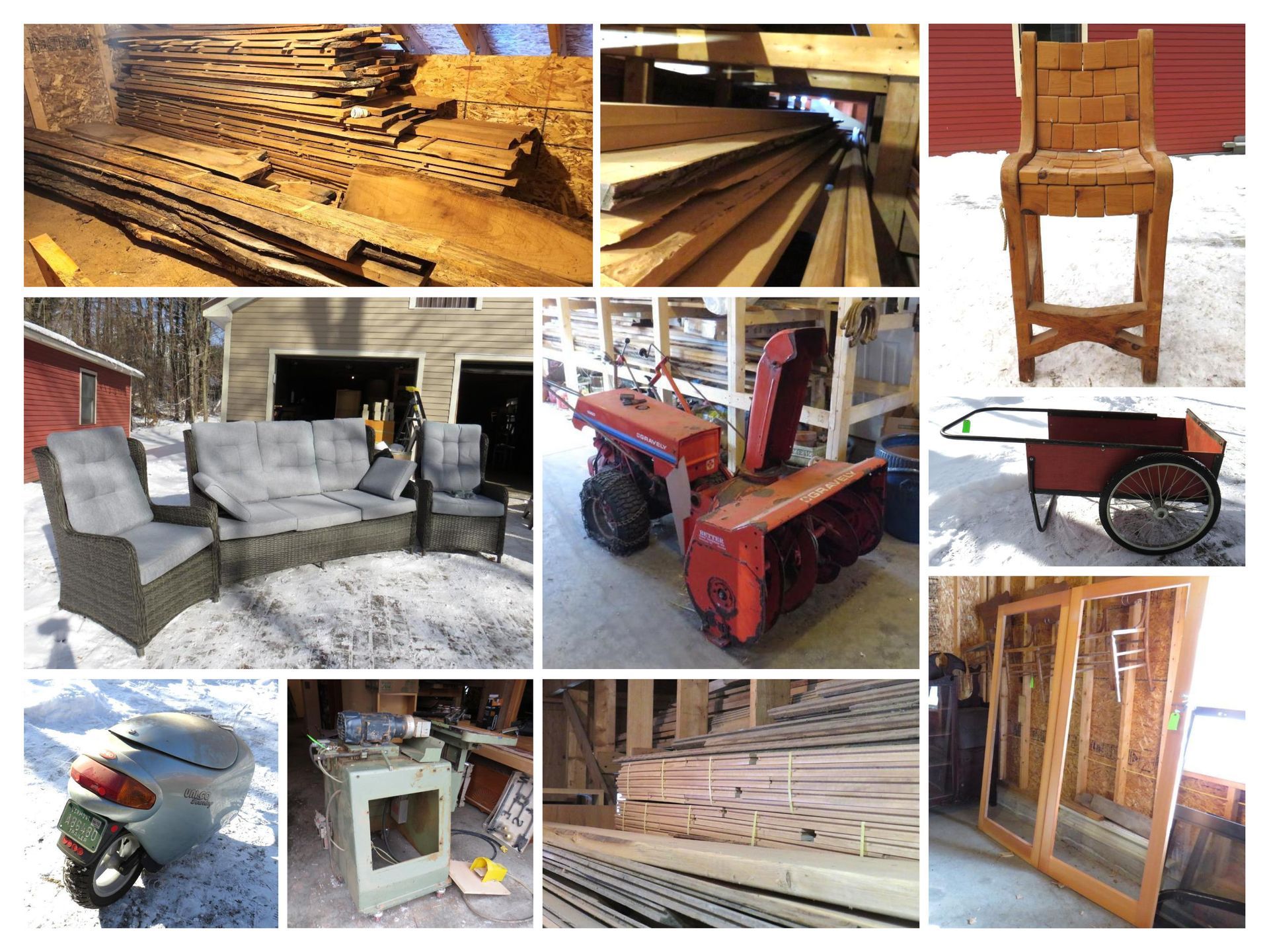 Various items: wood planks, wooden chair, sofa, snowblower, cart, scooter, machine, window frames.