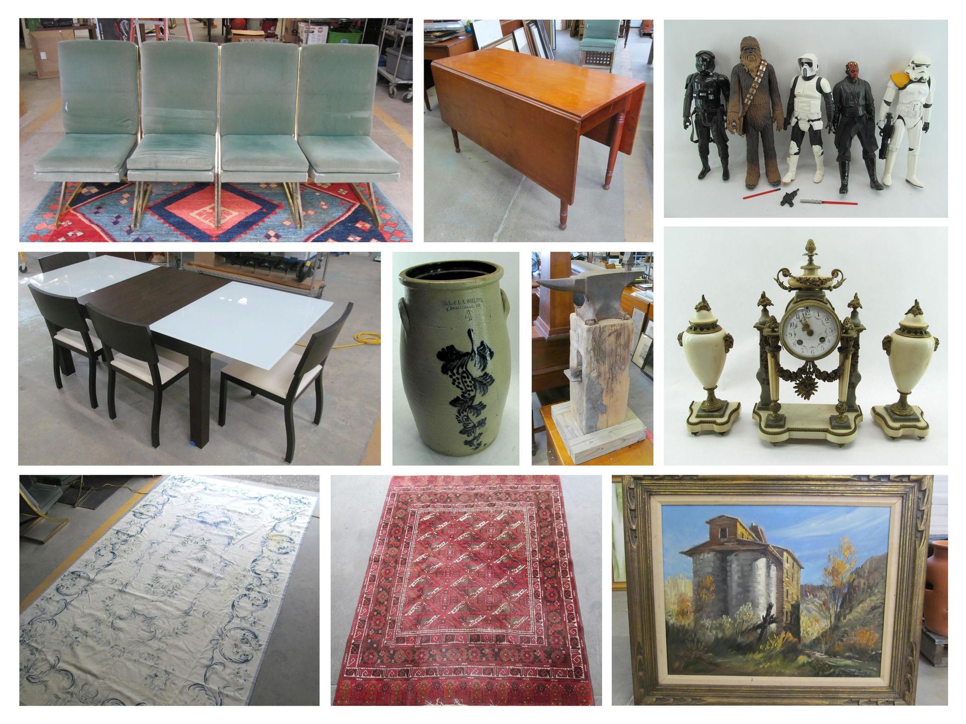 Collage of industrial machines, equipment, and shelving in a workshop or storage space