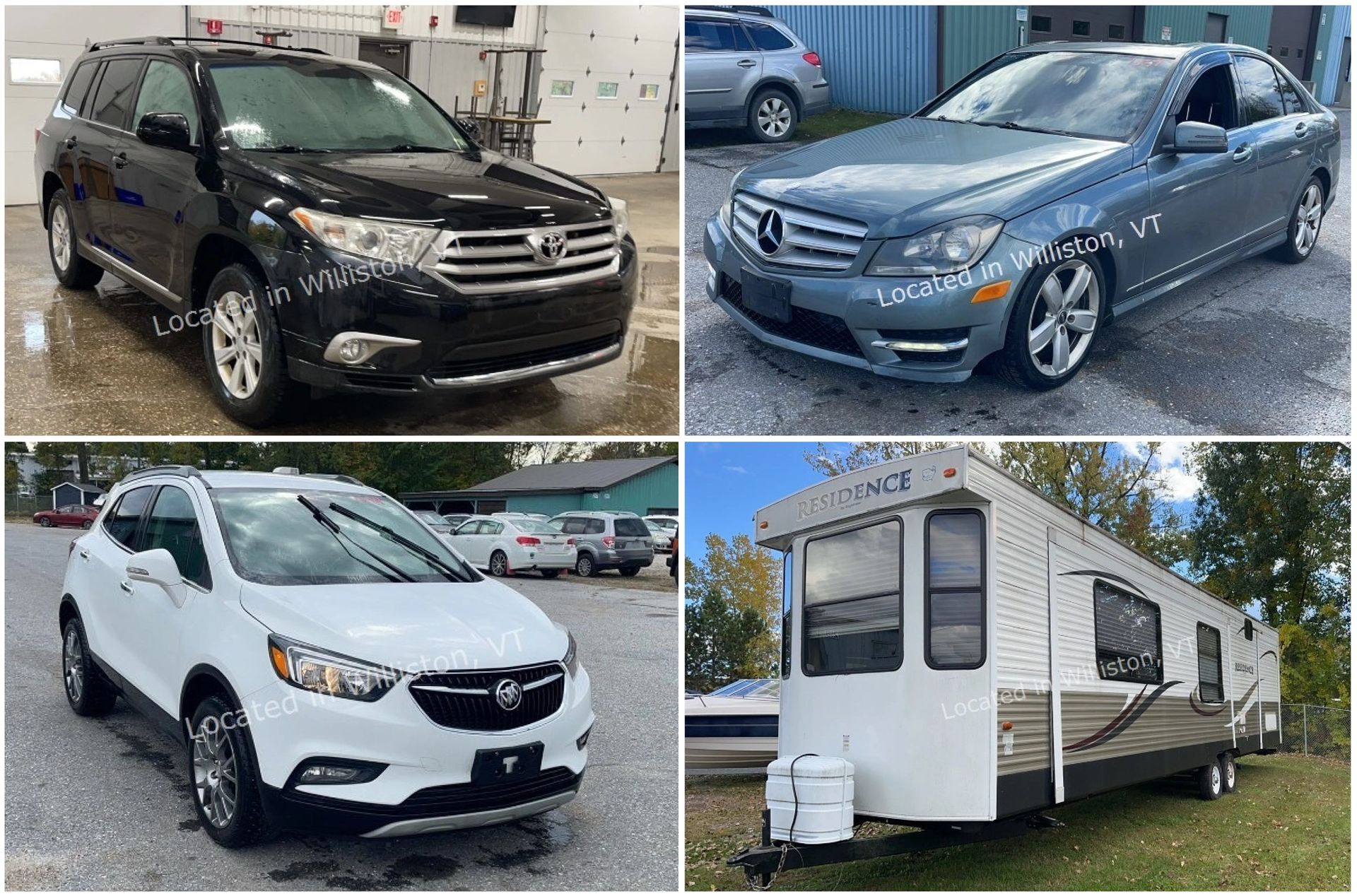 Four pickup trucks parked outdoors, including silver, black, and blue SUVs and trucks.