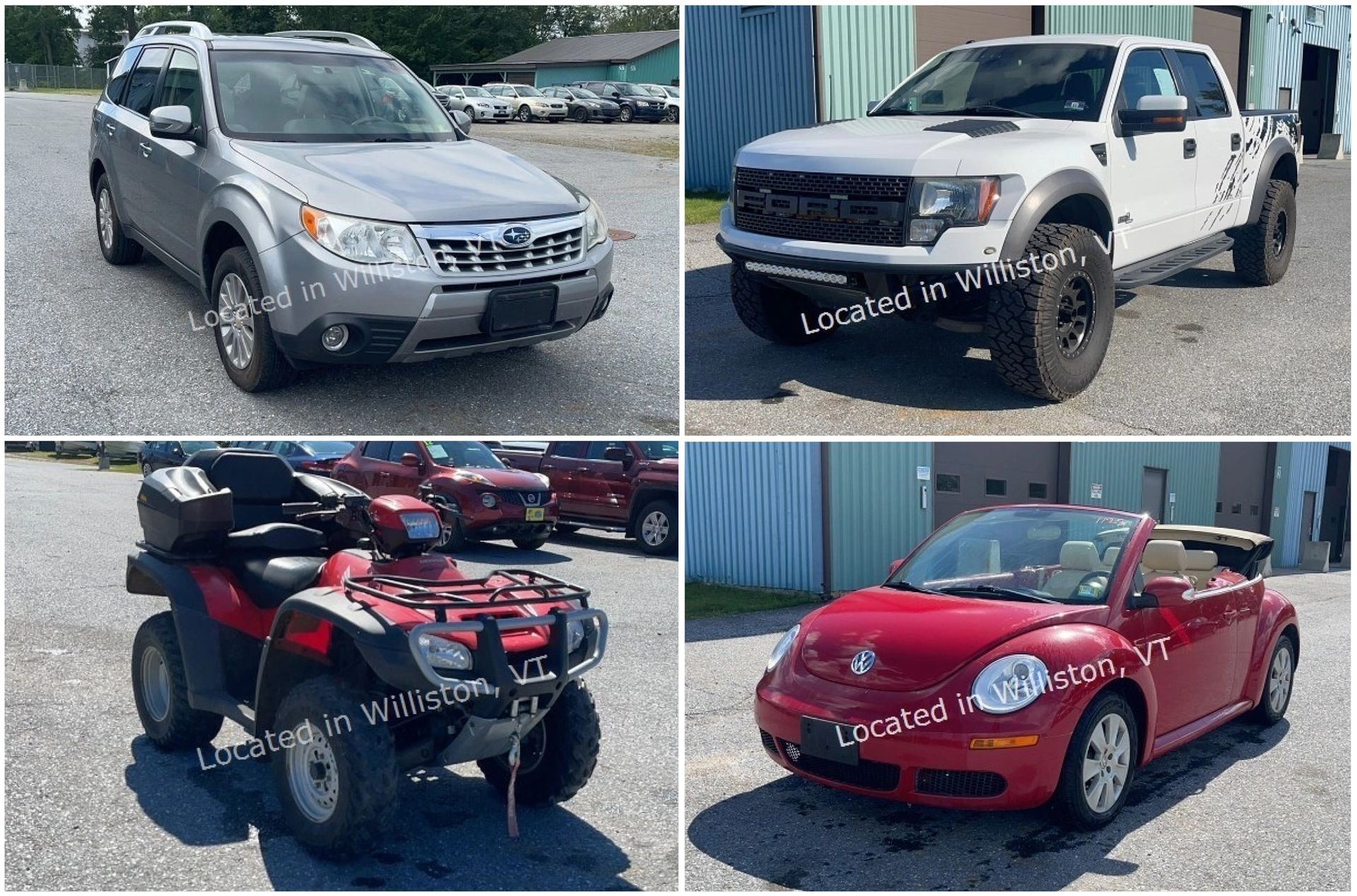 Four vehicle photos: a black pickup, a white camper trailer, a dark SUV, and a maroon sedan with gold rims.