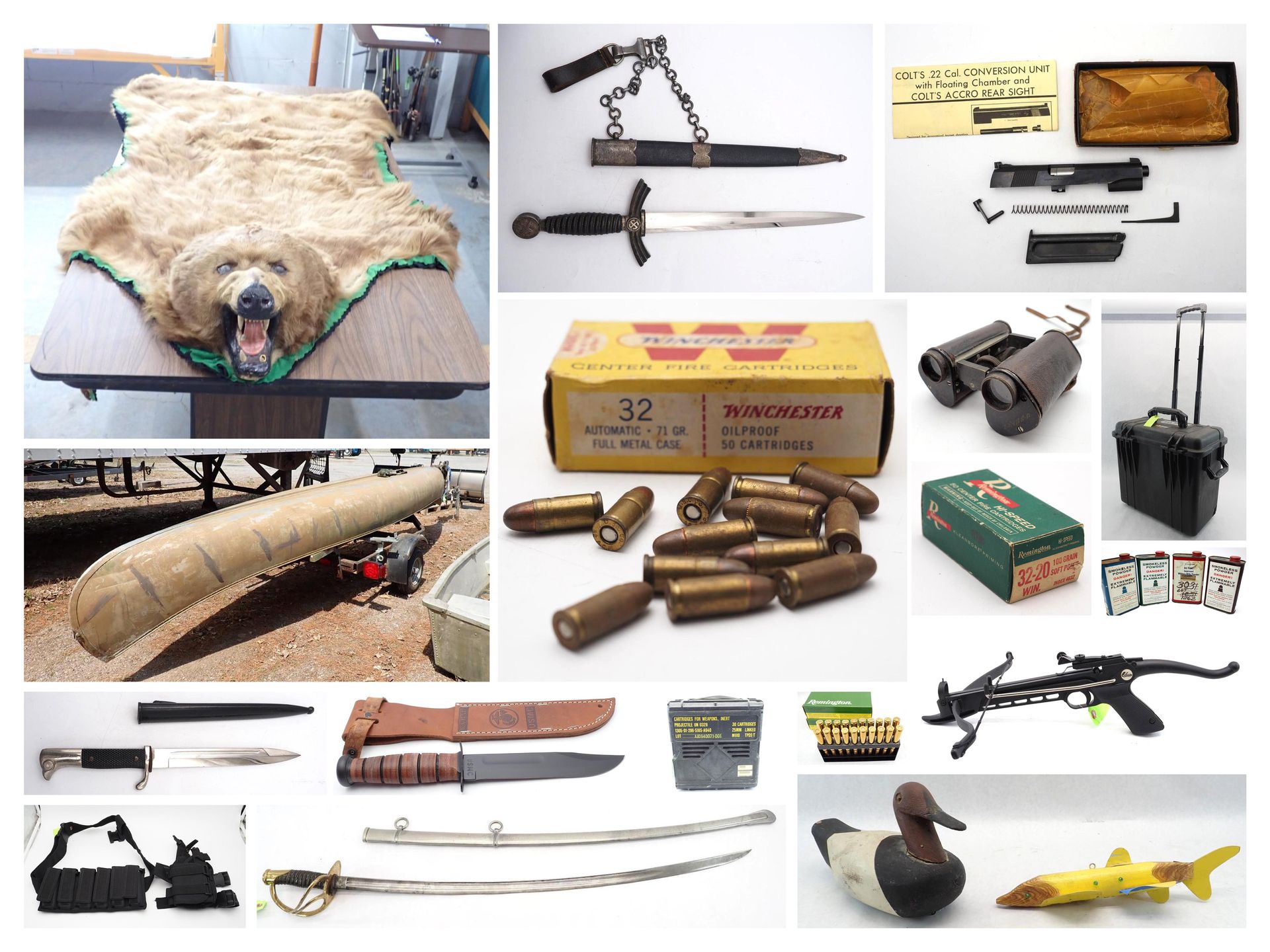 Collage of weapons, ammunition, and military gear, including rifles, knives, bullets, and a machete.