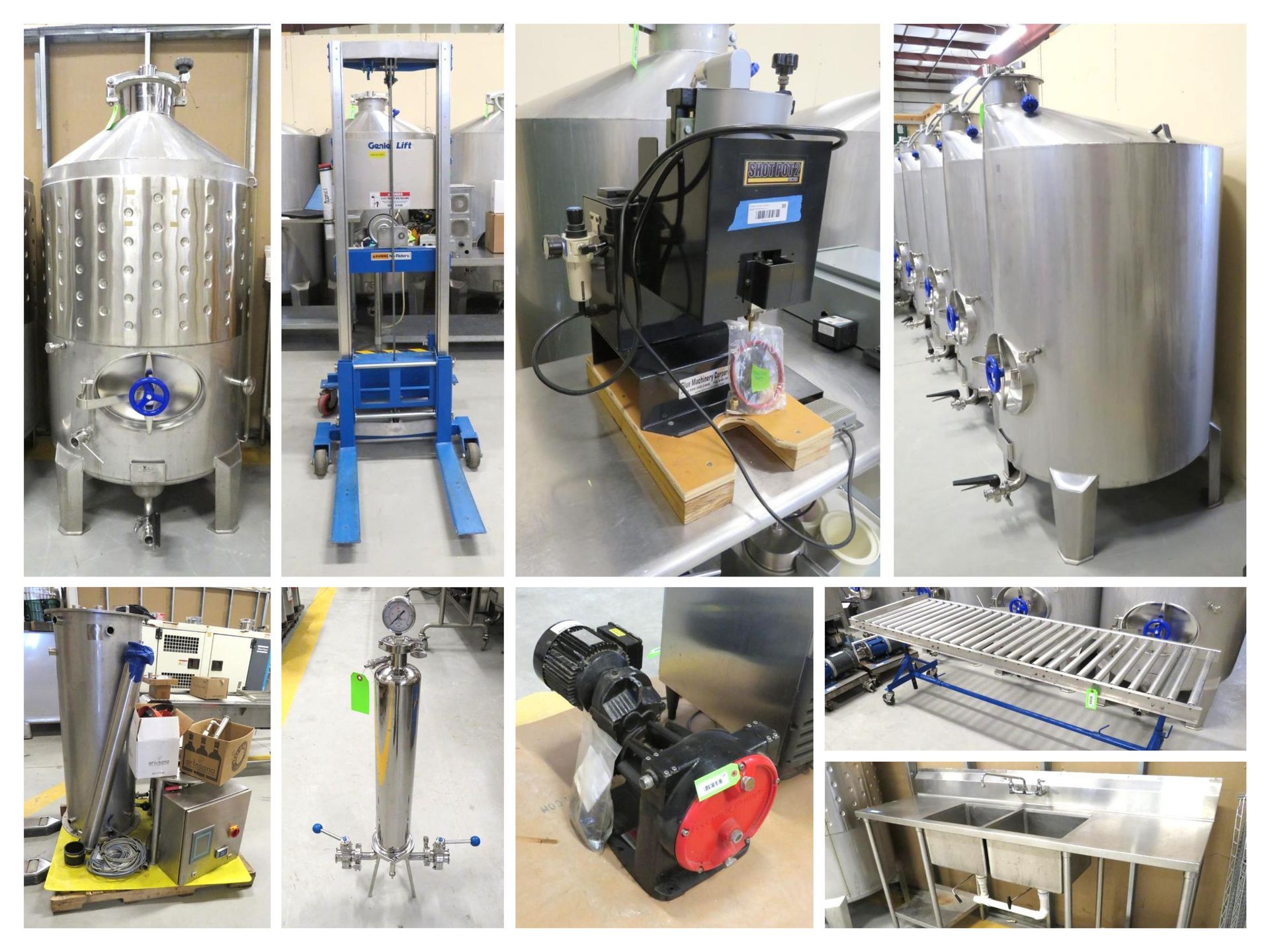 Brewery equipment: stainless steel tanks, pumps, filters, and other processing components.