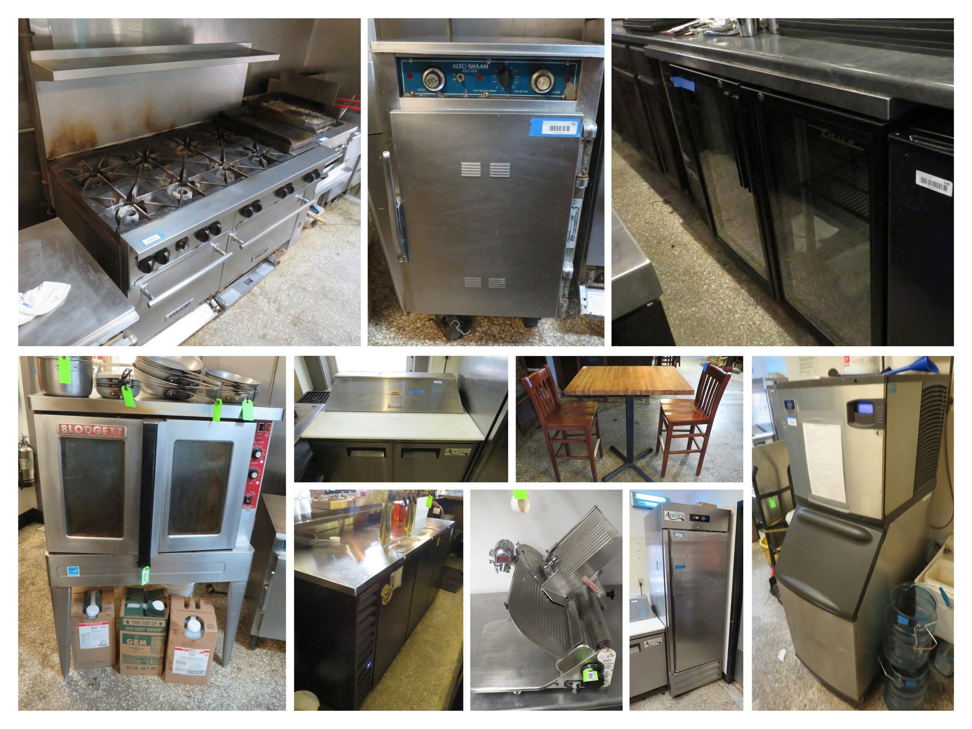 Commercial kitchen equipment, including a stove, oven, coolers, tables, and ice machine.