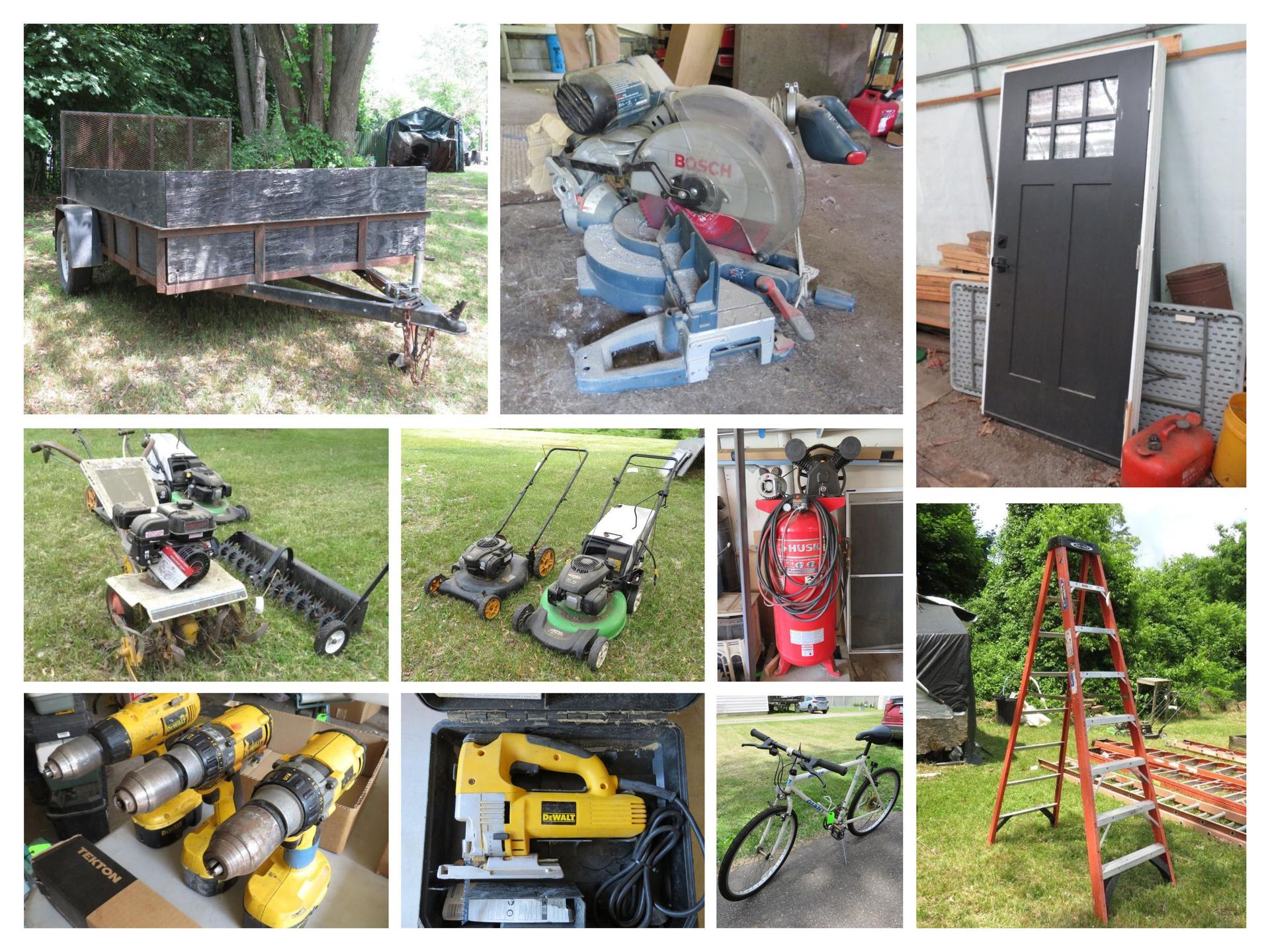Various tools for sale, including a trailer, saw, door, lawnmowers, drills, jigsaw, bike, air compressor, and ladder.