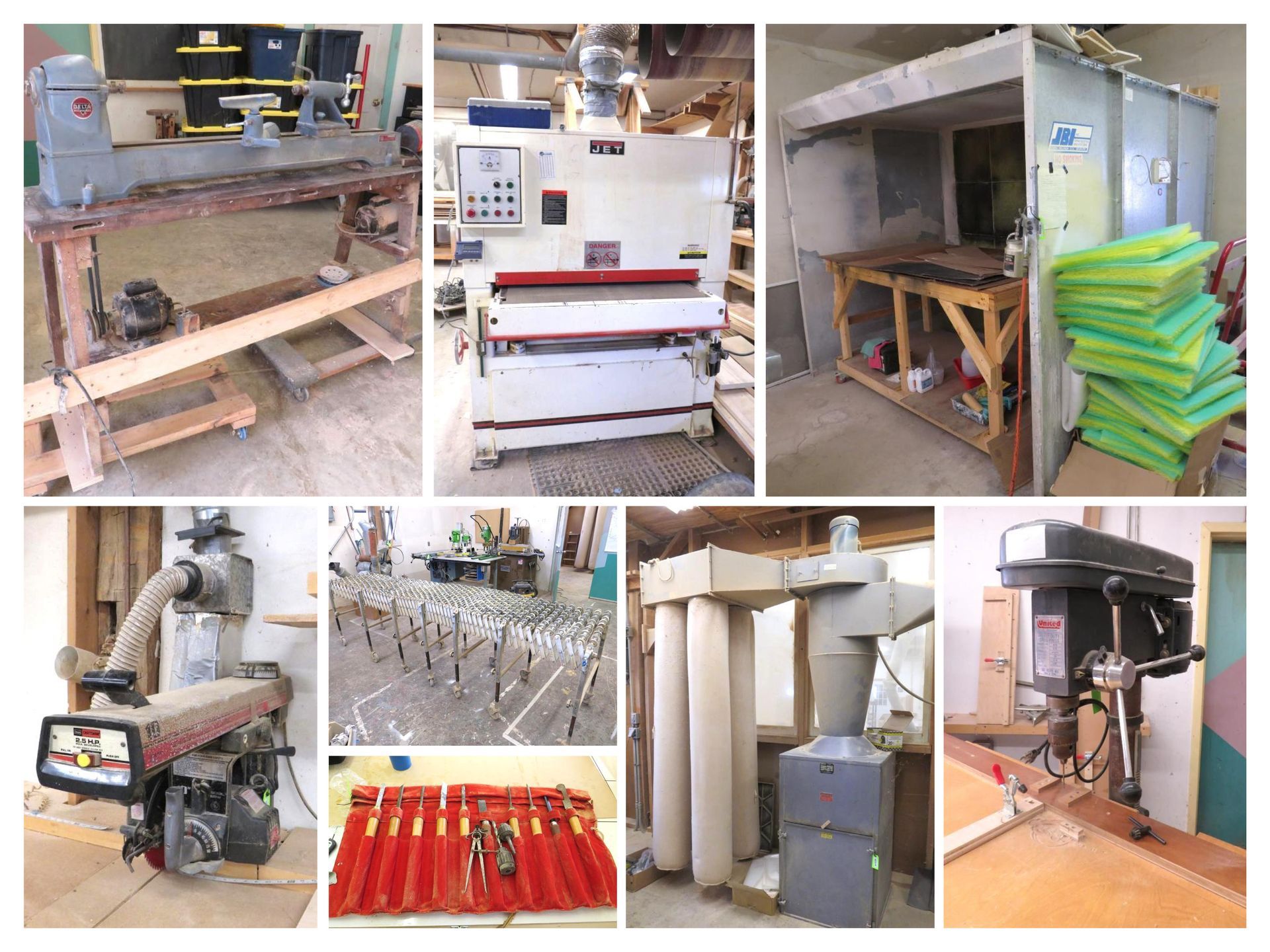 Woodworking equipment: lathe, sander, spray booth, dust collector, drill press, clamps, and tools.