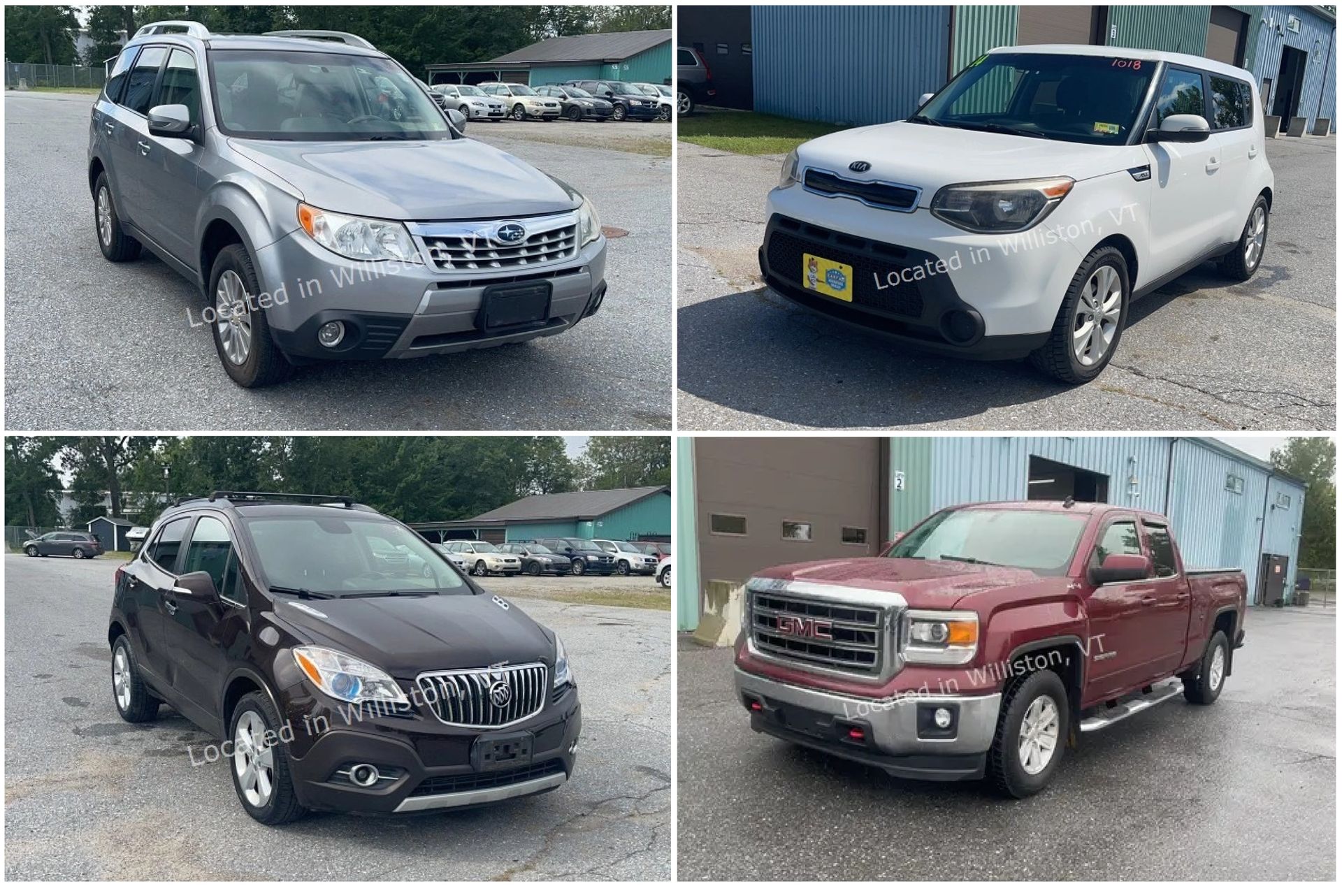 Four vehicle photos: a black pickup, a white camper trailer, a dark SUV, and a maroon sedan with gold rims.