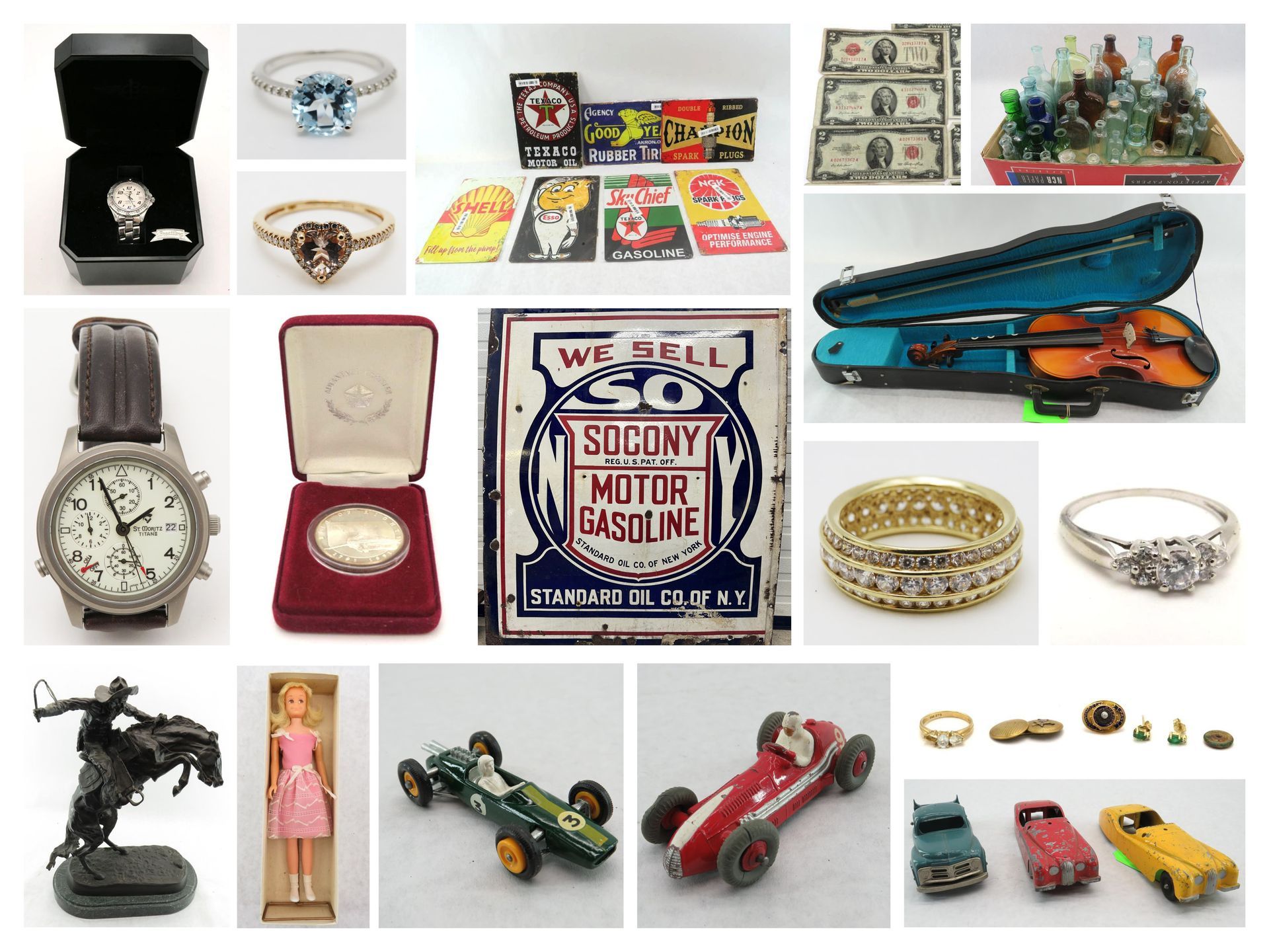Collection of various vintage items including jewelry, toys, signs, and musical instruments.
