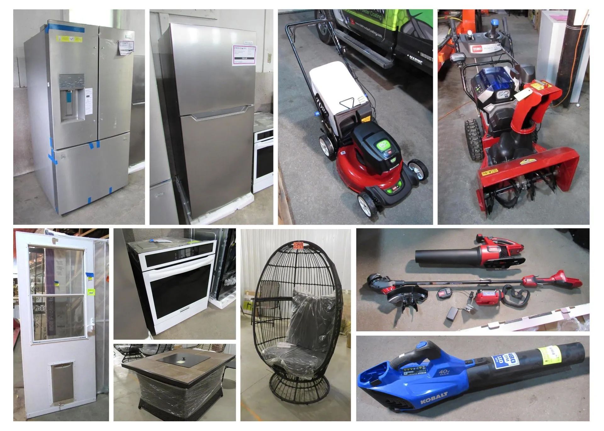Assortment of appliances: refrigerators, lawnmower, snowblower, doors, oven, egg chair, fire pit, leaf blowers.