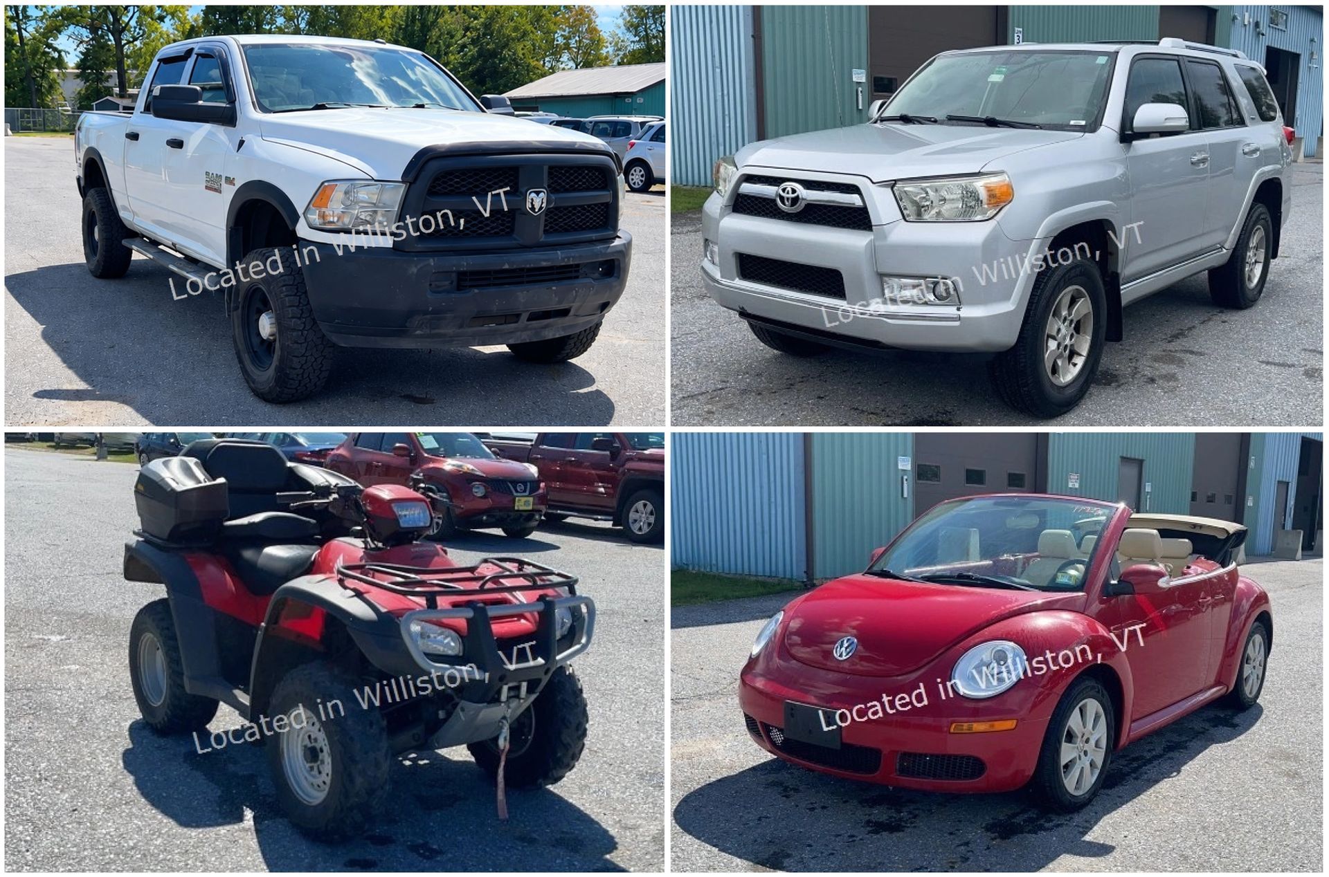 Four vehicles in a collage: silver SUV, white pickup, red ATV, and red convertible on pavement.