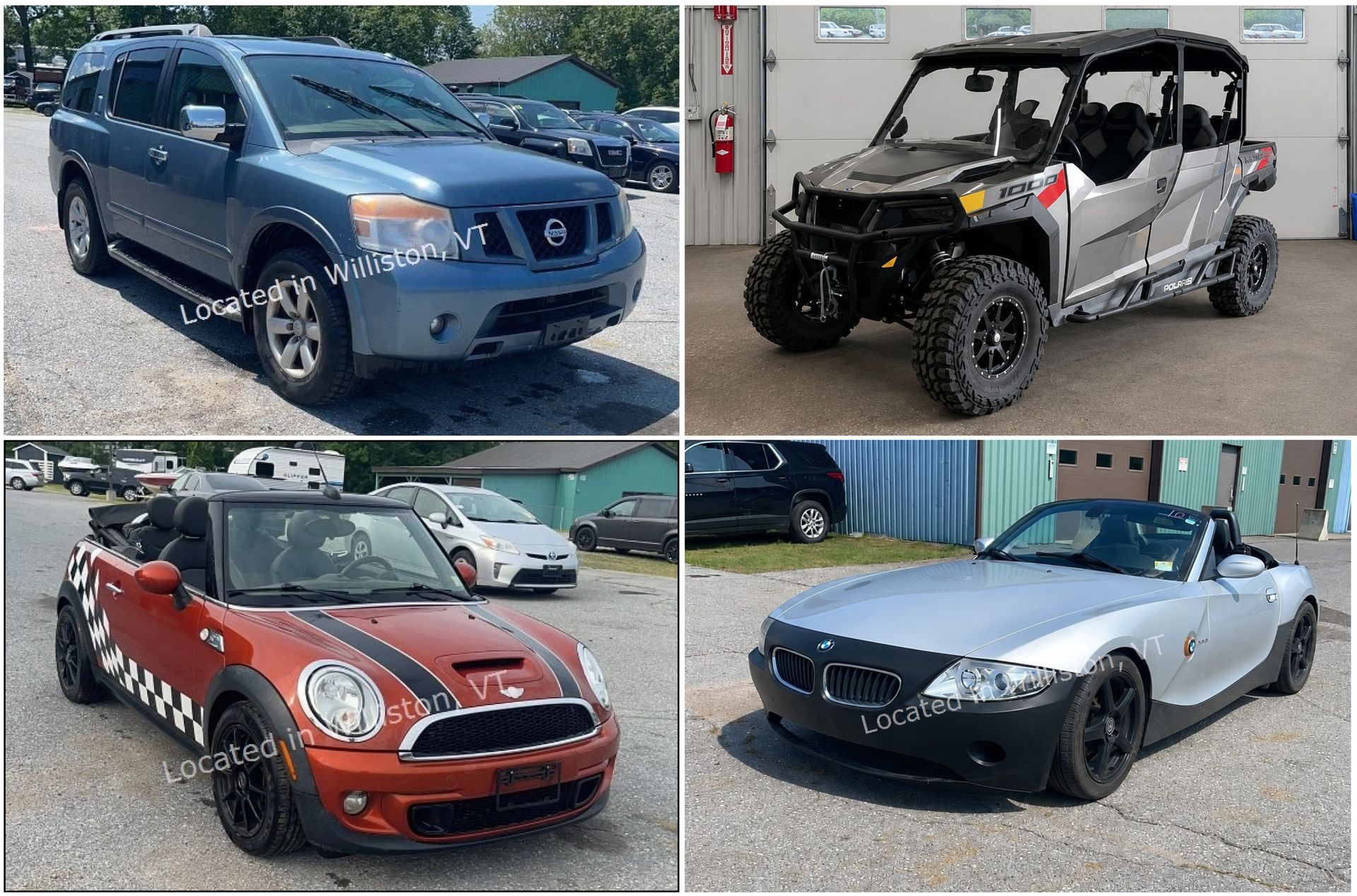 Four vehicle photos: a black pickup, a white camper trailer, a dark SUV, and a maroon sedan with gold rims.