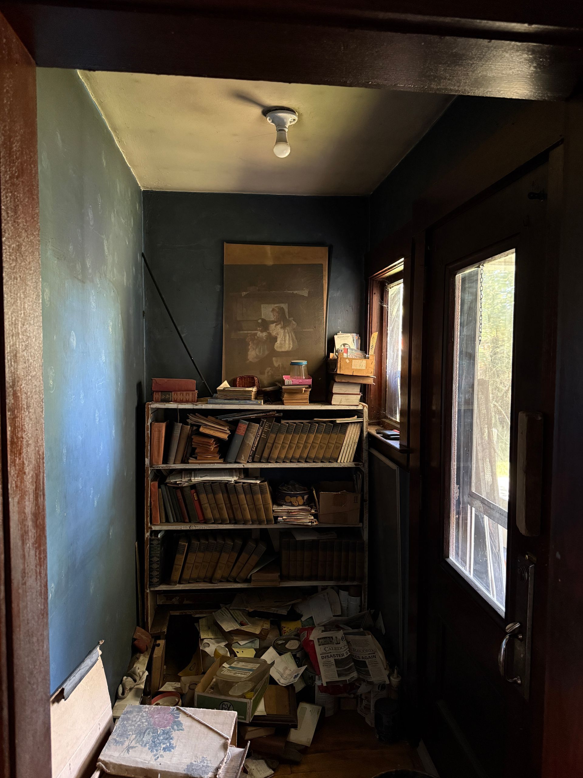 hallway with dark walls, bookshelf