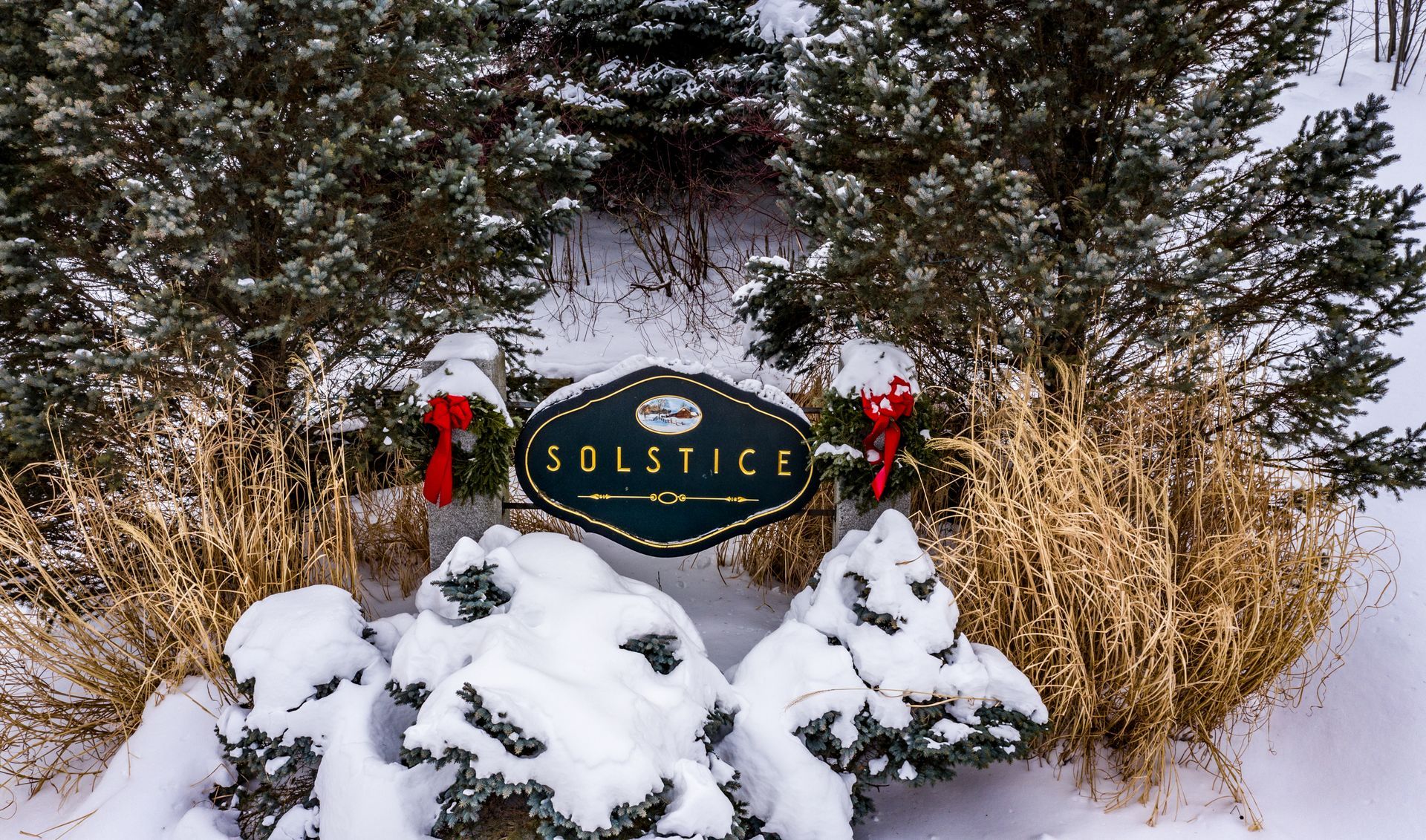 Sign for Solstice surrounded by snow-covered bushes and evergreen trees, with red bows.