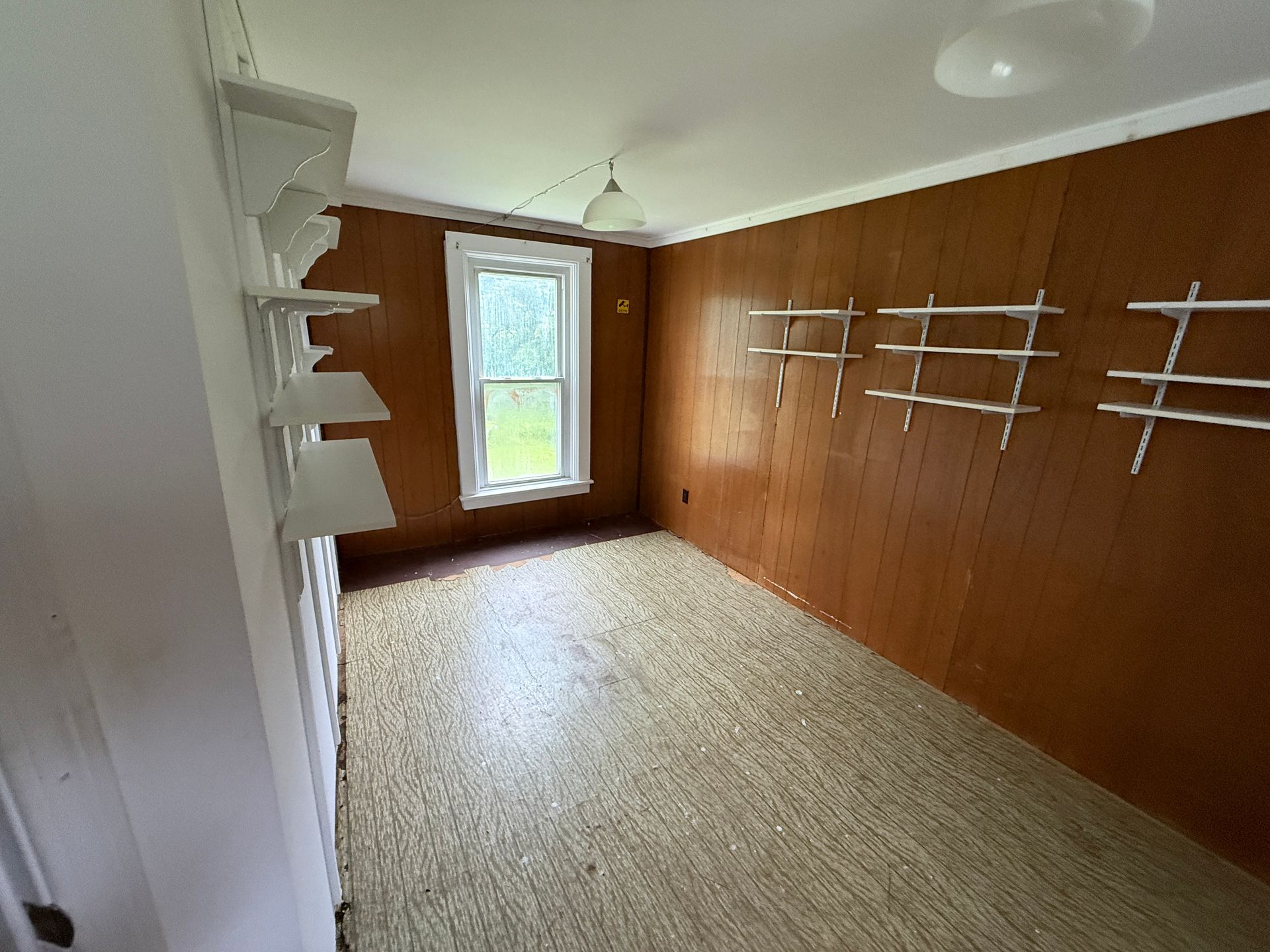 Empty walk-in closet with wood-paneled walls, carpeted floor, and white shelving units near a window.