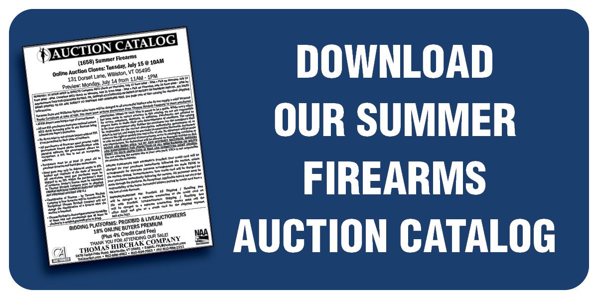 Download summer firearms auction catalog. White text on a blue background, catalog graphic.