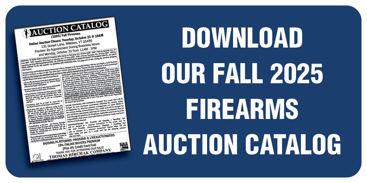 Download Fall 2025 firearms auction catalog. Blue background with catalog image.