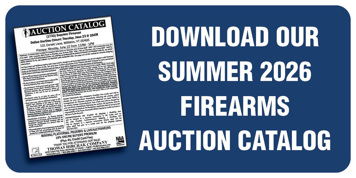 Blue banner advertising a downloadable Summer 2026 firearms auction catalog with catalog image on the left.