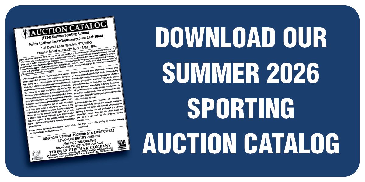 Blue banner promoting a Summer 2026 sporting auction catalog download, with a catalog cover on the left.