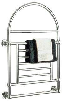 Chrome towel warmer with an arched top, holding a folded black and white towel.
