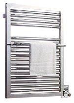 Chrome towel warmer with a white towel hanging on it.