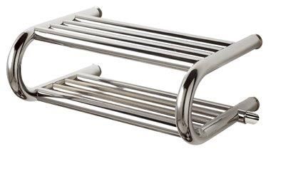 Chrome towel rack with two levels and horizontal bars.