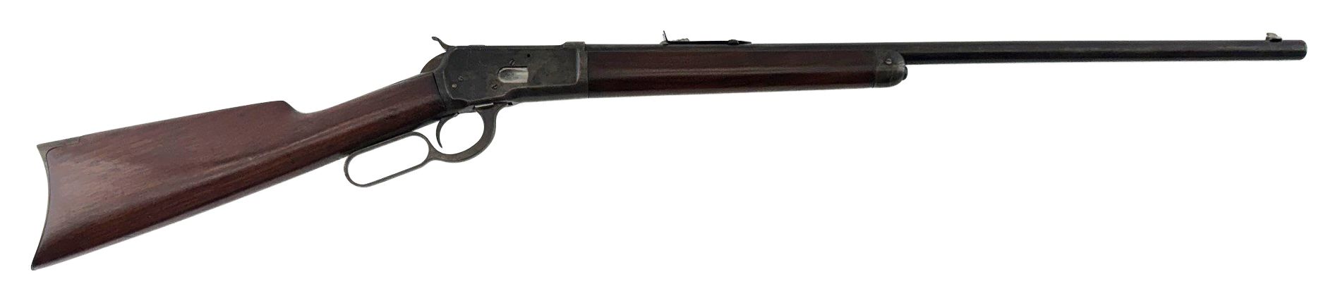 Long-barreled rifle with wooden stock and black barrel on a white background