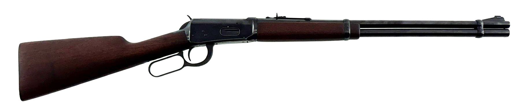 Side view of a brown wooden rifle with black barrel on a white background
