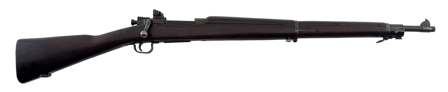 Black rifle with wooden stock on a white background