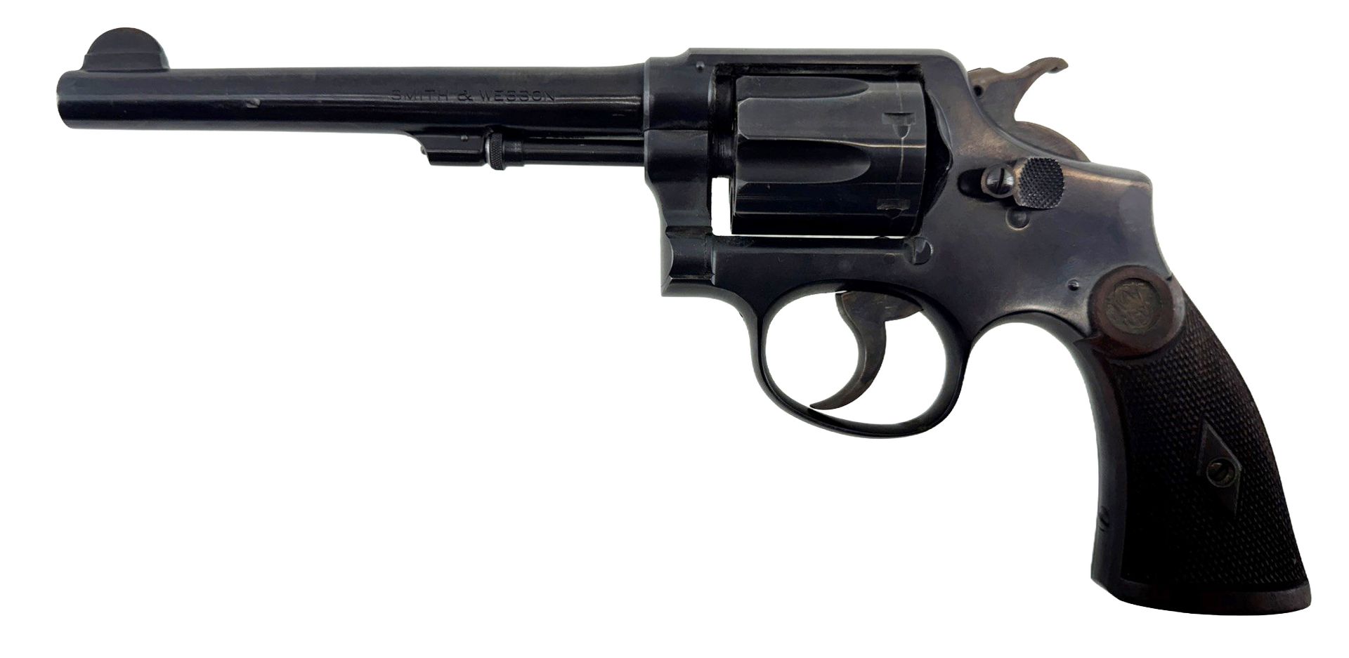 Black revolver handgun with long barrel on a white background