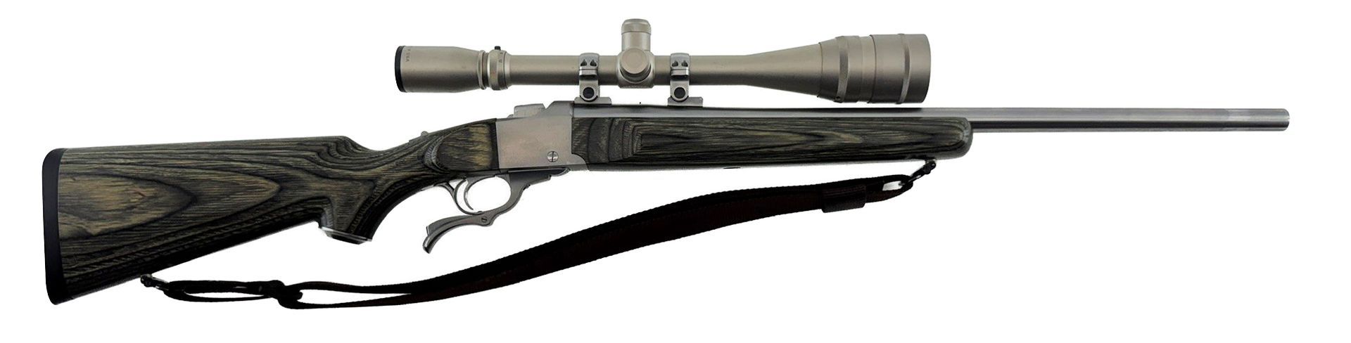 Rifle with mounted scope and sling, isolated on a white background