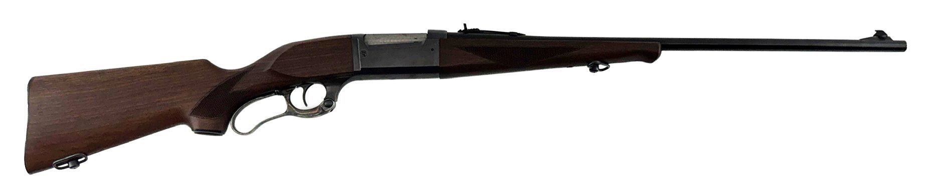 Bolt-action rifle with wooden stock on a white background