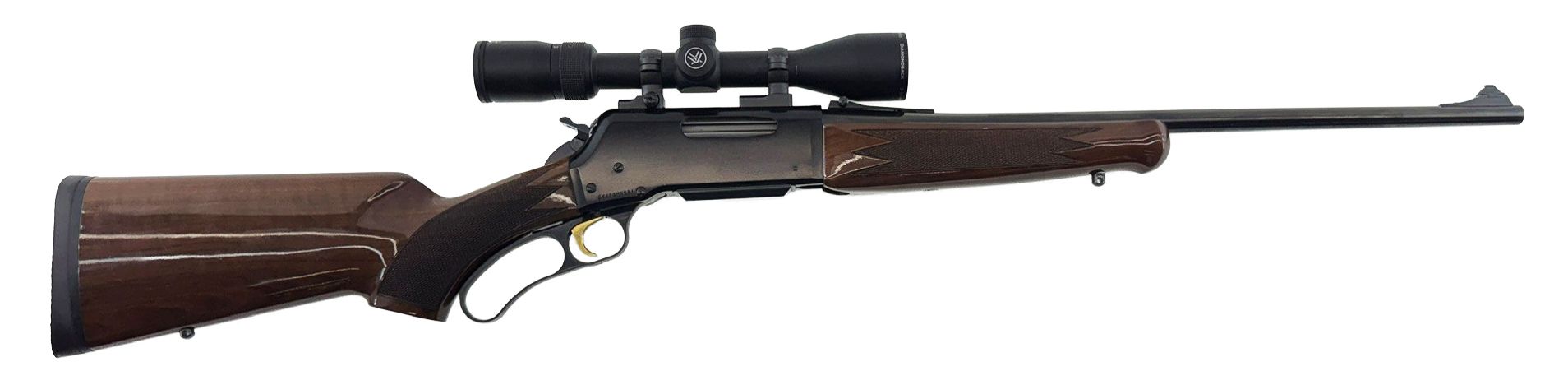 Hunting rifle with mounted scope, shown side view on white background