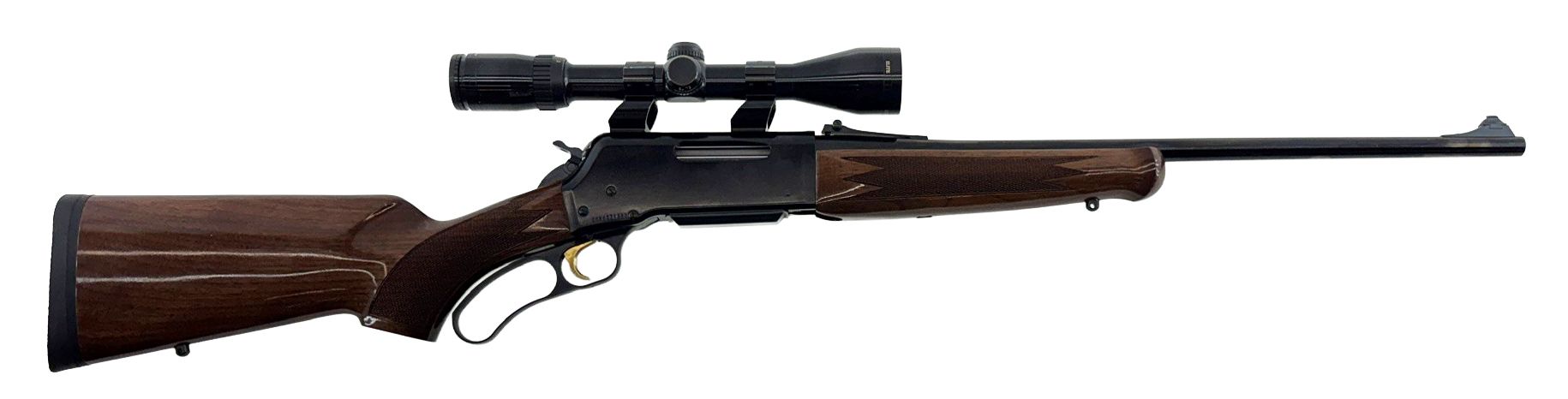Hunting rifle with scope, wooden stock, and long barrel on a white background