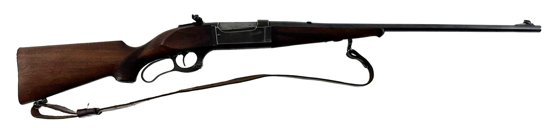 Brown wooden rifle with black barrel and sling, shown in side view on a white background