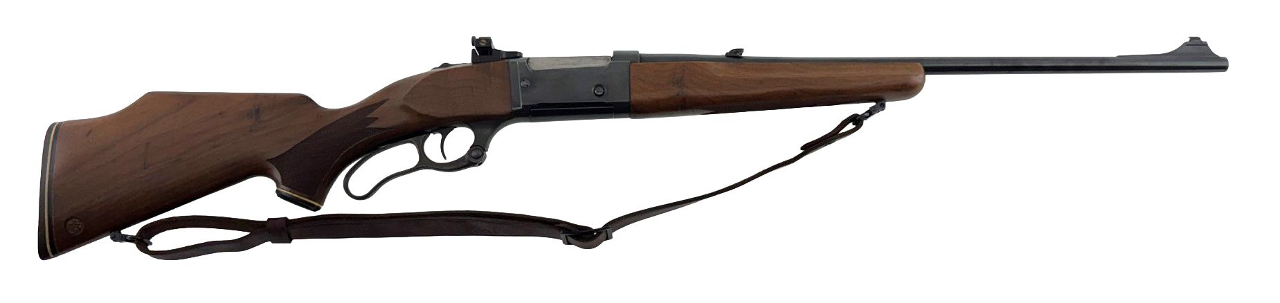 Brown rifle with sling, shown in profile on a white background