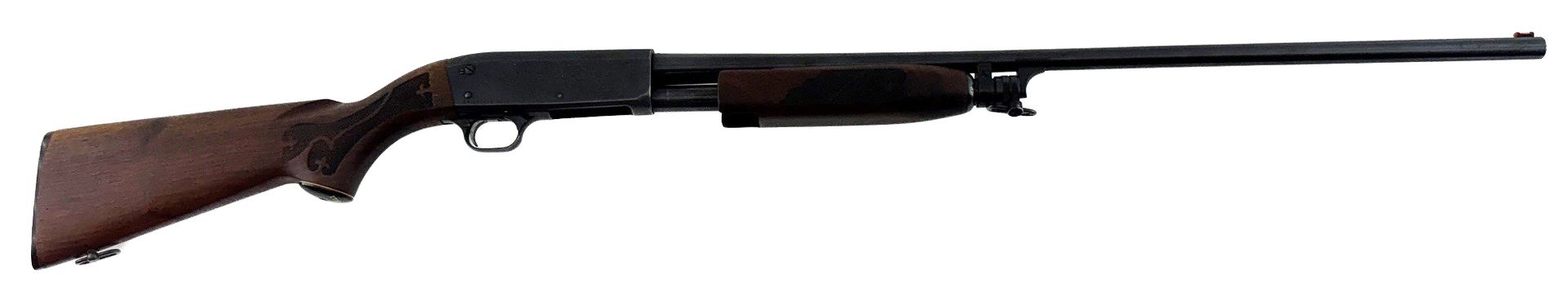 Long-barreled rifle with wooden stock and black metal barrel on a white background
