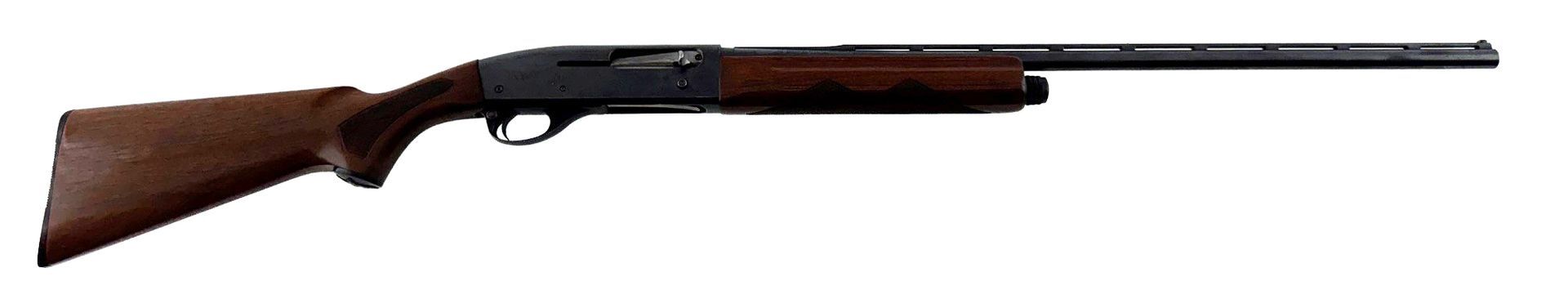 Long-barreled shotgun with wooden stock on a white background