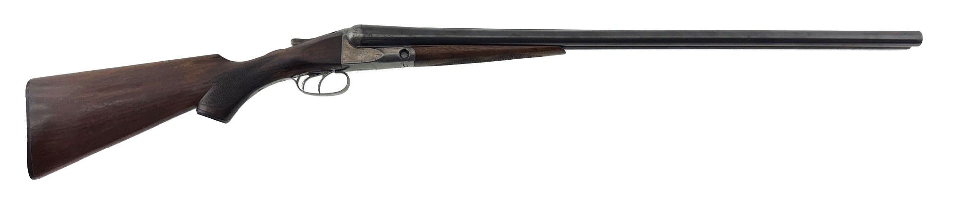 Long-barreled shotgun with wooden stock on a white background