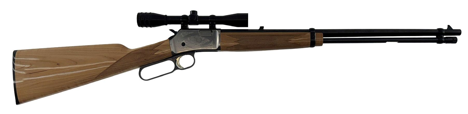 A wooden-stock rifle with a scope, shown in profile on a white background