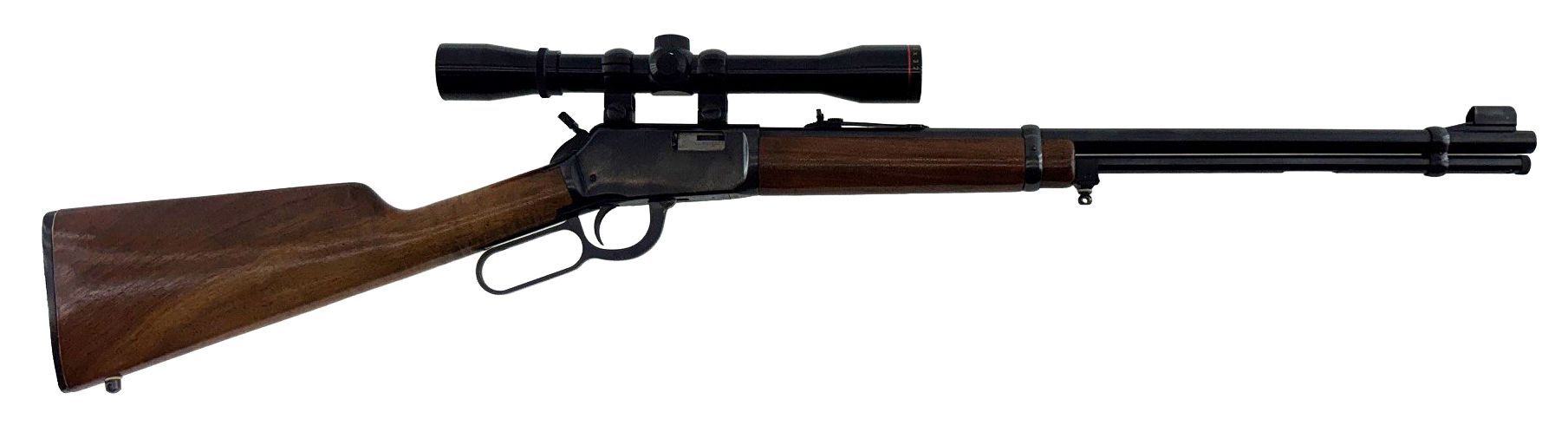 Scoped hunting rifle with wooden stock on a white background