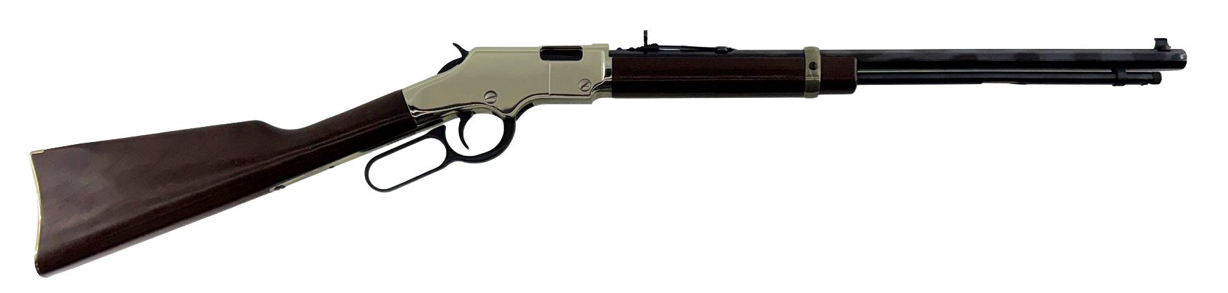 Side-view of a silver lever-action rifle with a wooden stock on a white background
