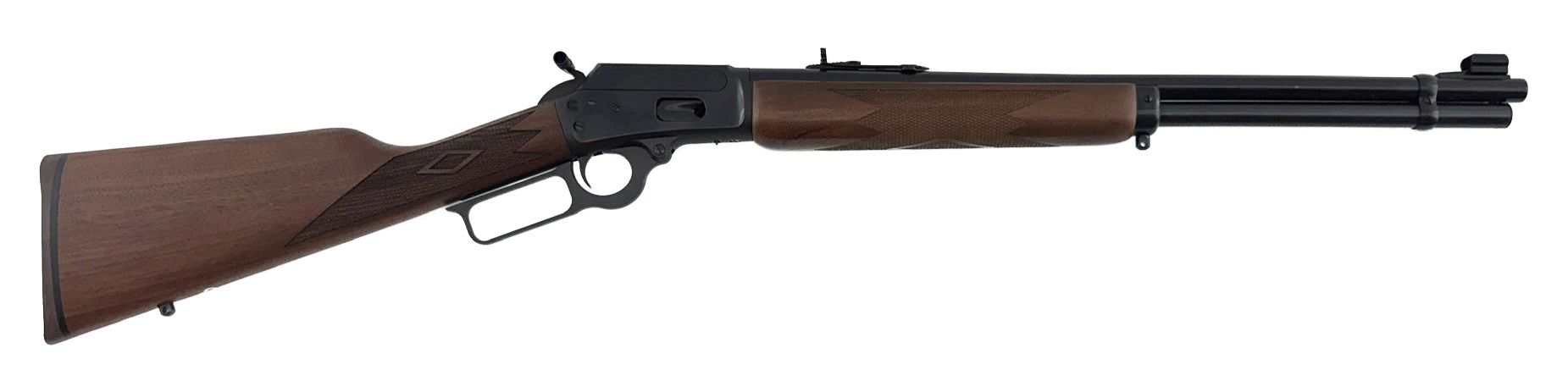 Wooden-stock rifle with dark metal barrel shown in profile on a white background